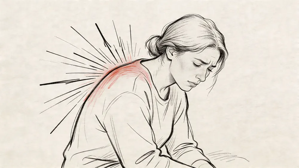 A line drawing of a woman in pain touching her shoulder and upper back area.