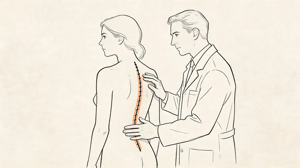 A doctor examining a woman's back to check for symptoms of scoliosis along her spine.
