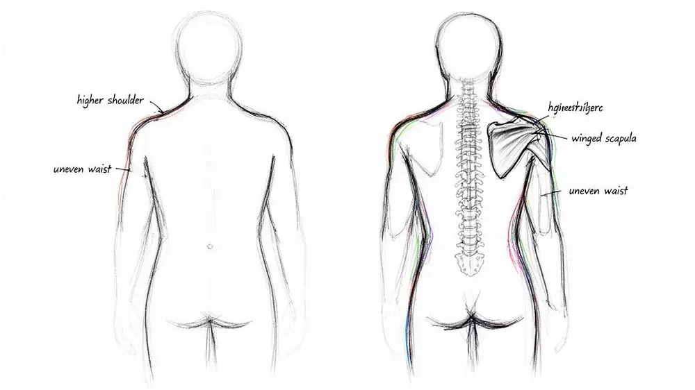 Anatomical drawings showing a human back with scoliosis symptoms like uneven shoulders, waist, and winged scapula.