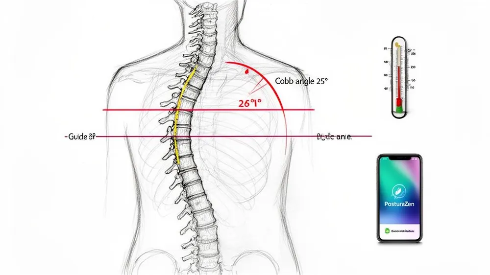 A medical diagram illustrating a human torso with scoliosis, showing a curved spine, Cobb angle measurements, a thermometer, and a PosturaZen app.