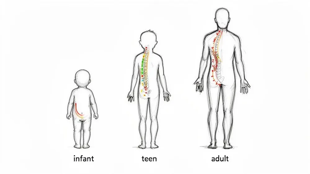 Diagram of human spines from infant to adult, illustrating the development and severity of scoliosis.