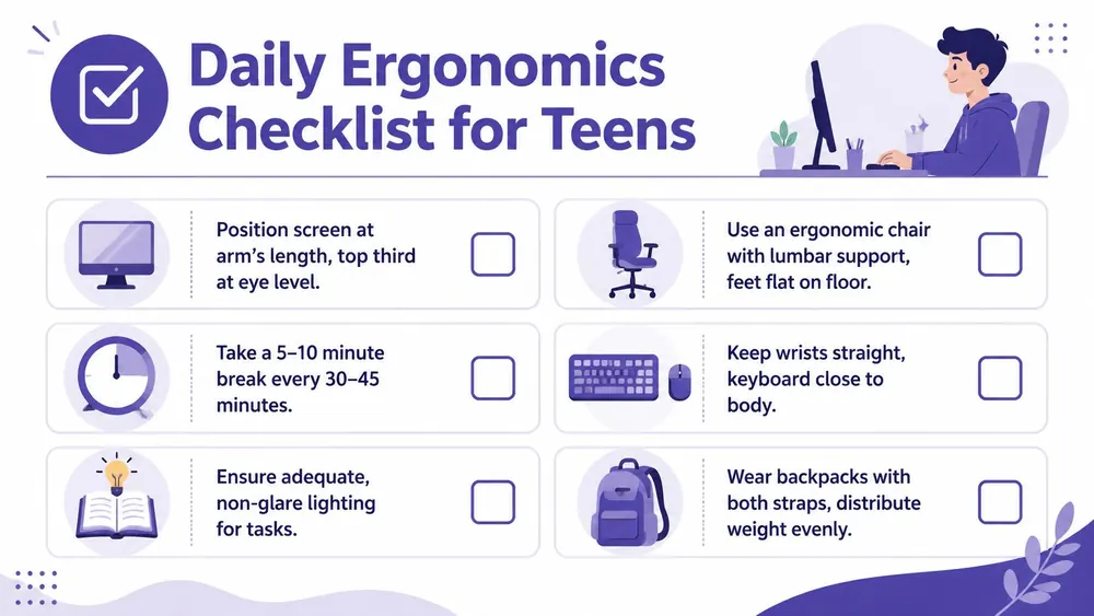 A helpful infographic outlining essential daily ergonomics and healthy posture habits for teenagers while studying.