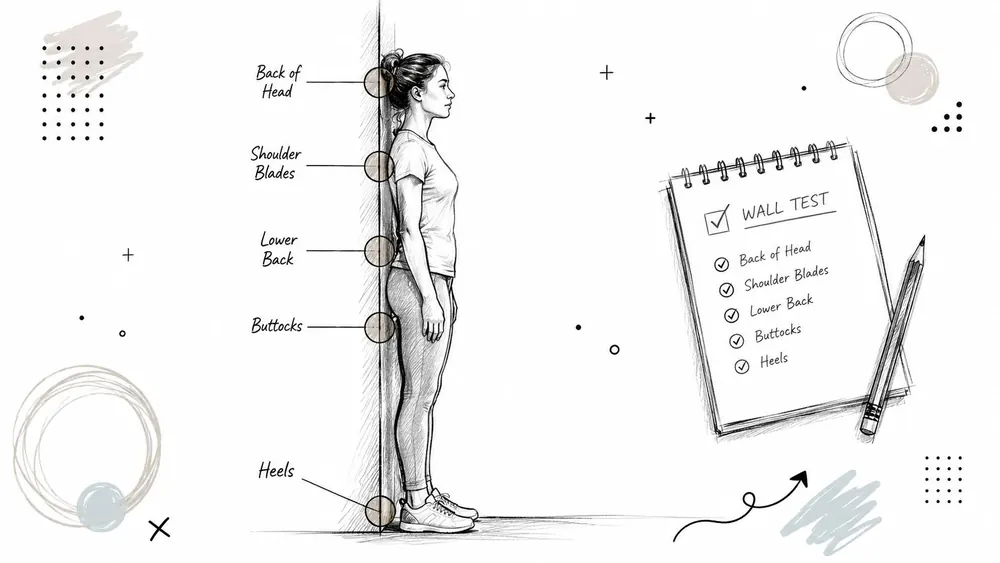 A line drawing illustration showing a woman performing a wall test to check for correct body posture.