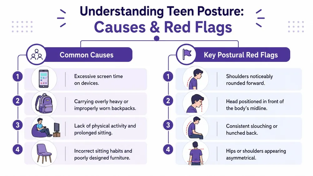 An infographic titled Understanding Teen Posture showing common causes and key red flags for poor posture.