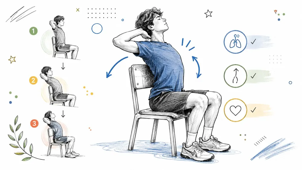 A digital illustration showing a teenager performing seated back stretching exercises on a chair for posture improvement.