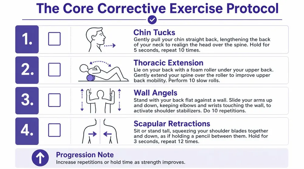 An infographic titled The Core Corrective Exercise Protocol featuring four daily movements for posture improvement.