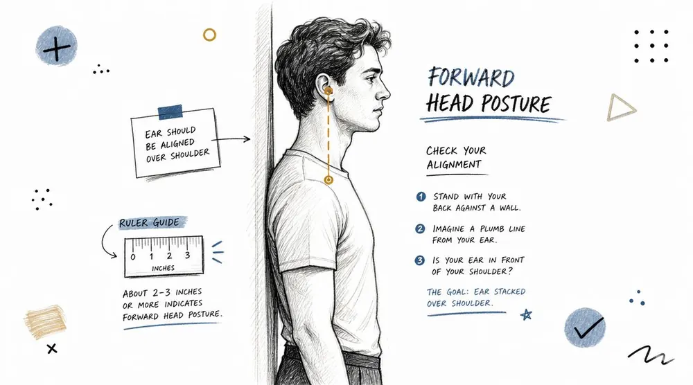 A diagram demonstrating how to check for forward head posture by aligning your ear over your shoulder.