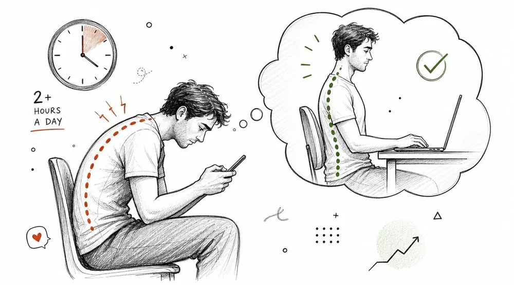 A diagram contrasting poor slouching posture while using a phone with ideal upright posture at a desk.