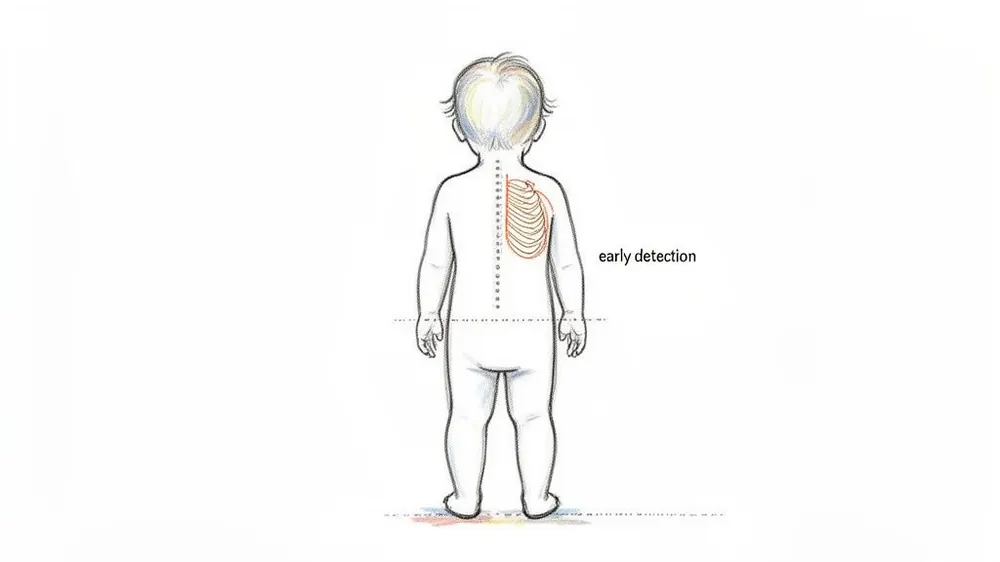 Illustration of a child's back with a highlighted rib cage, emphasizing early detection of scoliosis.