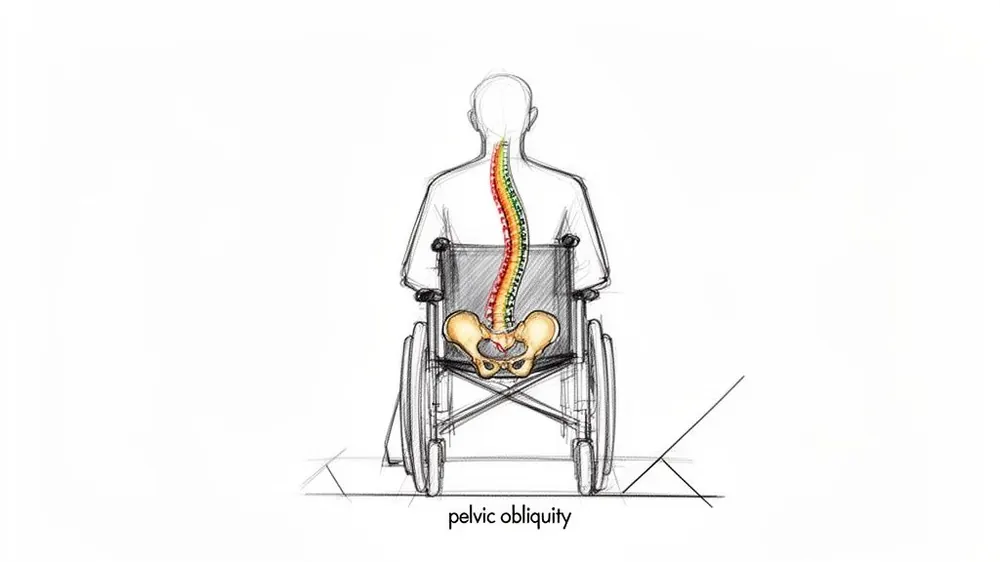 Illustration of a person in a wheelchair showing severe scoliosis with a rainbow-colored spine and labeled pelvic obliquity.