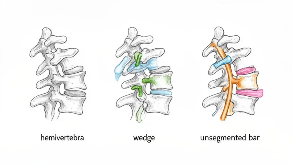 Three diagrams illustrate different vertebral defects: hemivertebra, wedge vertebra, and unsegmented bar.