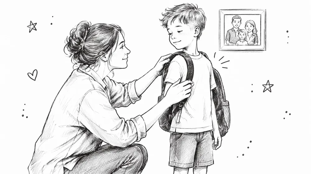 A mother gently helping her young son put on his school backpack, showing care and support.
