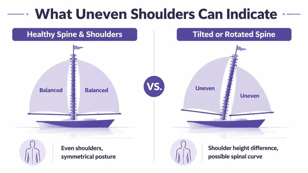 An illustration comparing healthy balanced shoulders with uneven shoulders caused by a tilted or rotated spine.