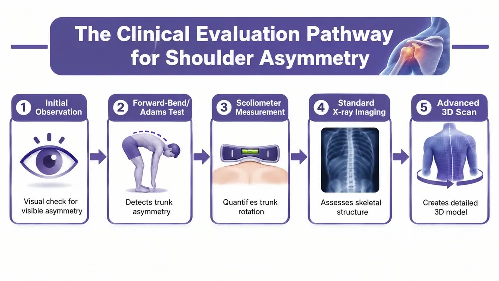 A clinical flowchart illustrating the five steps to evaluate shoulder asymmetry, including physical exams and imaging.
