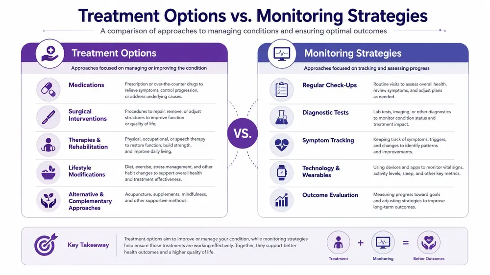 A comparative infographic showing treatment options on the left and monitoring strategies for health on the right.