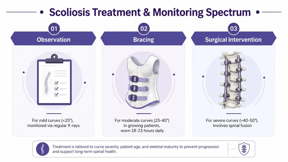An infographic showing the spectrum of scoliosis treatment methods from observation to bracing and surgical intervention.