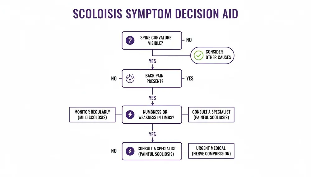 A scoliosis symptom decision aid flowchart guiding through spine curvature, back pain, and limb symptoms.