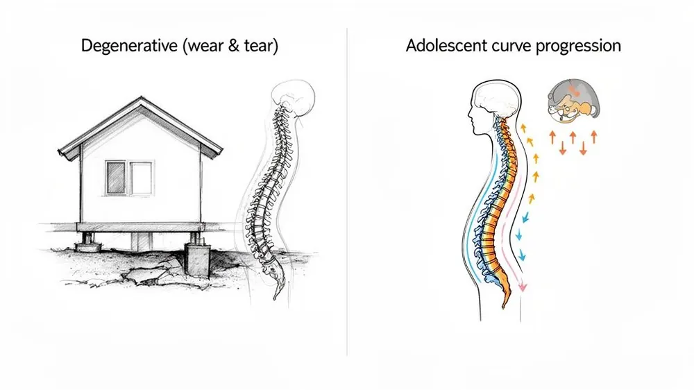 Diagram comparing degenerative spine conditions to adolescent spinal curve progression causes.