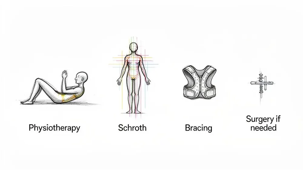Illustrations showing four scoliosis treatment options: physiotherapy exercises, Schroth method, spinal bracing, and surgical implants.
