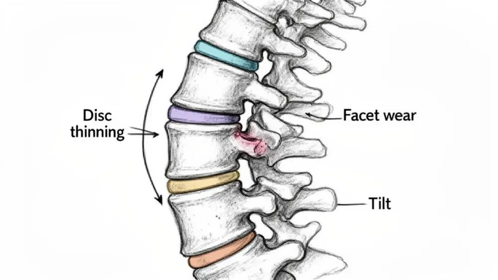 Medical illustration of a human spine highlighting conditions like disc thinning, facet wear, and vertebral tilt.
