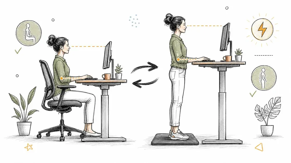 An illustration showing a person alternating between sitting and standing at a height-adjustable desk for good posture.