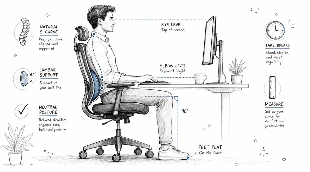 A detailed illustration showing the proper ergonomic posture for a person sitting at a desk with computer.