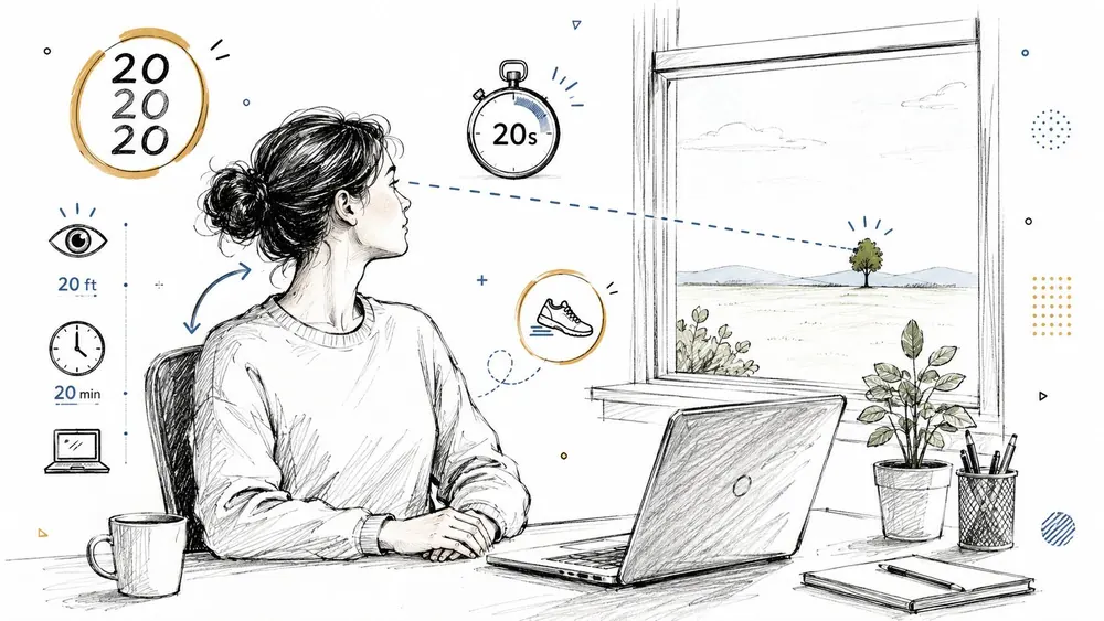 A woman sitting at her desk following the 20-20-20 rule to reduce eye strain while working.