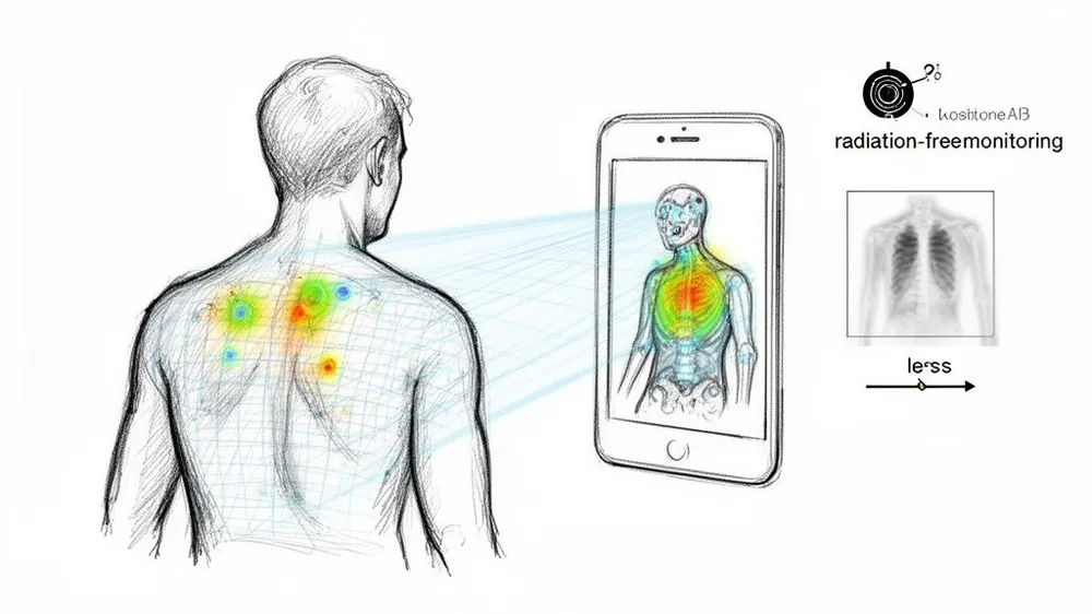 Sketch of radiation-free body monitoring with a smartphone displaying internal heat maps, emphasizing less radiation.