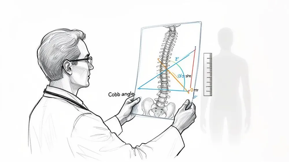 A doctor examines an X-ray of a human spine, featuring Cobb angle measurements for scoliosis.