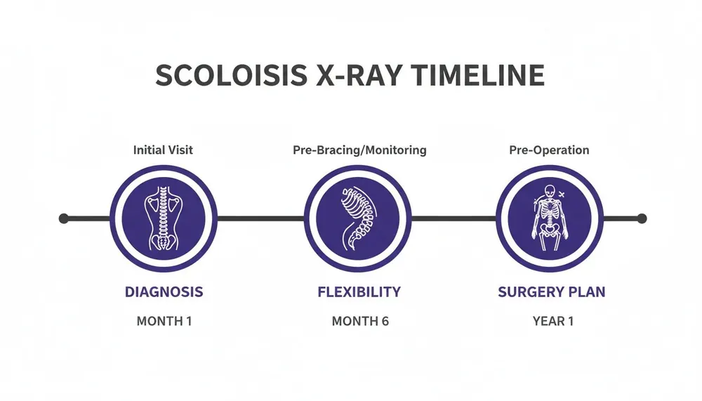A timeline illustrates the scoliosis X-ray process, showing initial diagnosis, flexibility assessment, and pre-operation planning stages.