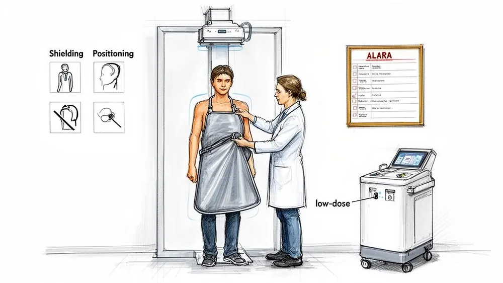 A medical professional positions a patient wearing a lead apron for a low-dose X-ray, with safety guidelines.