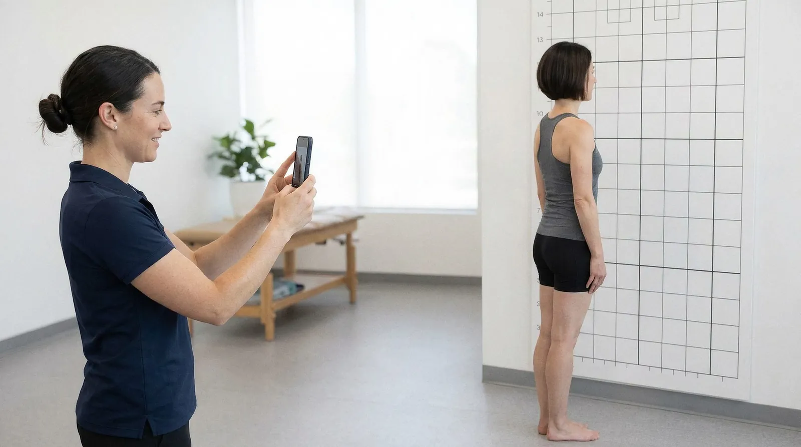 A physiotherapist photographing a patient's posture with a phone in front of a posture grid