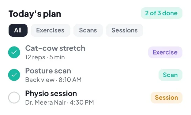 Today's plan with exercises, scans and sessions tagged by category