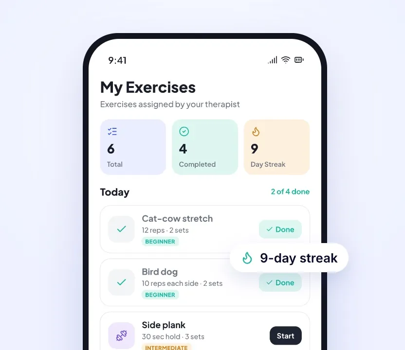 My Exercises list with a 9-day streak