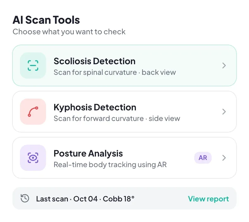 AI Scan Tools: scoliosis detection, kyphosis detection and AR posture analysis